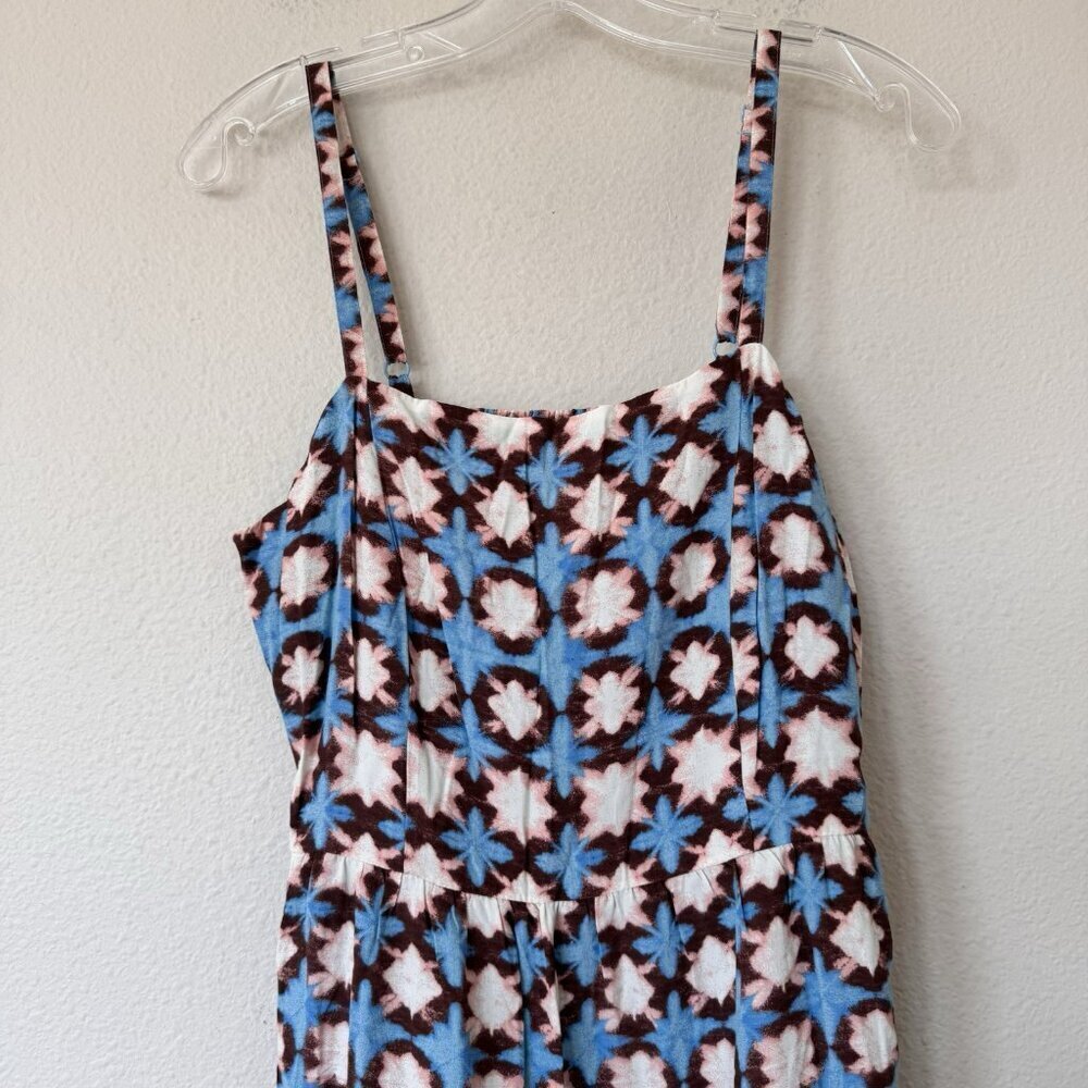 NEW Loft Tiered Smocked Dress Teal Brown Geo Print Size 8 Spring - Picture 2 of 8